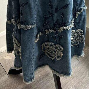 Vintage Simon Chang Beaded & Embroidered Denim Maxi Skirt Roses Appliqué – US 10